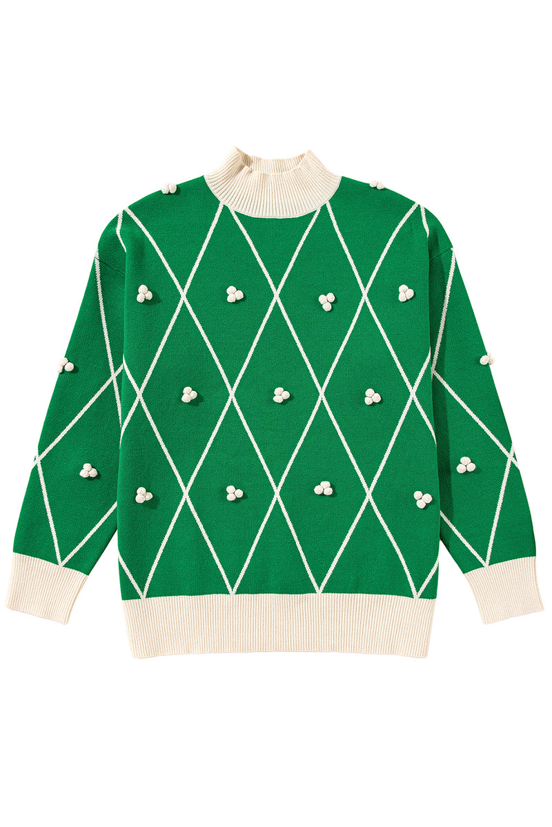 Dark Green Diamond Pom Pattern Contrast Trim High Neck Sweater