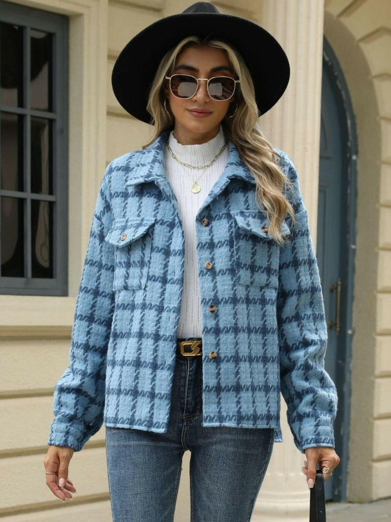 Plaid Collared Neck Long Sleeve Jacket - Stylish & Comfortable