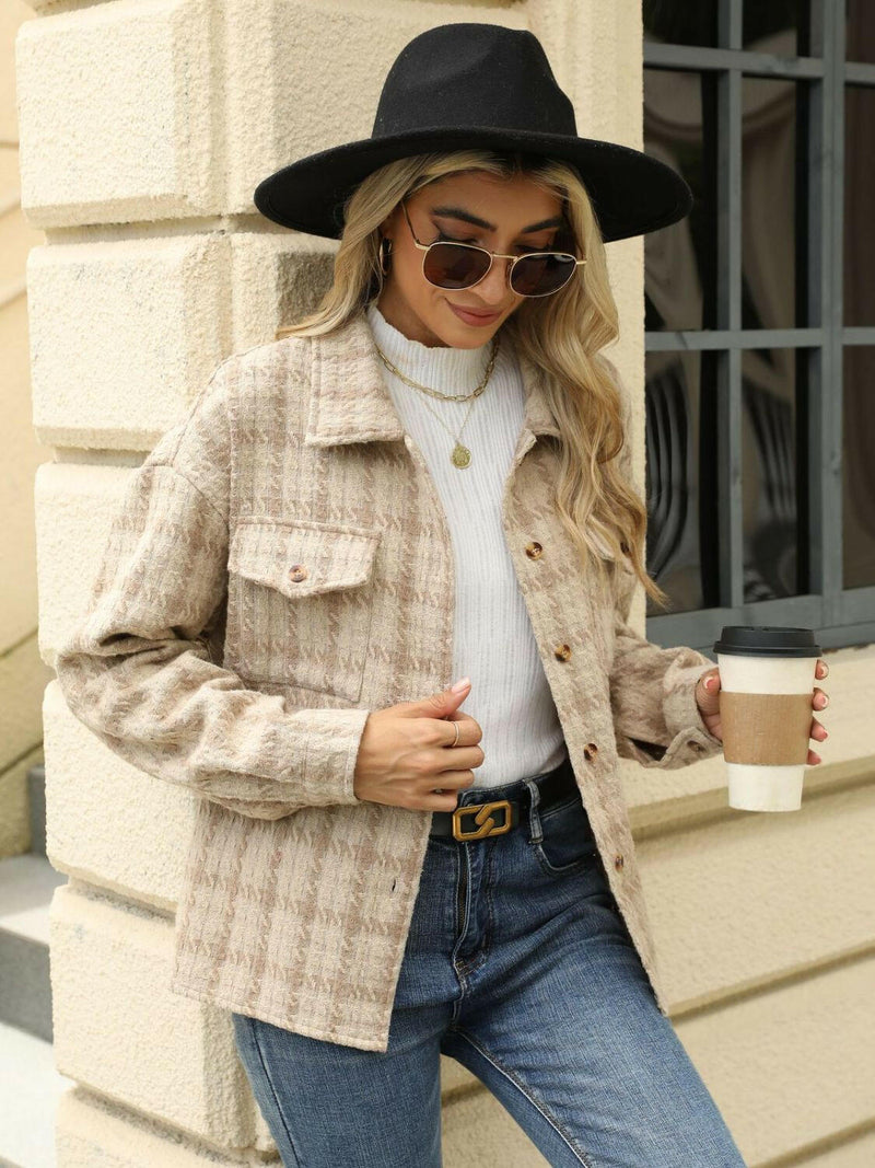 Plaid Collared Neck Long Sleeve Jacket - Stylish & Comfortable