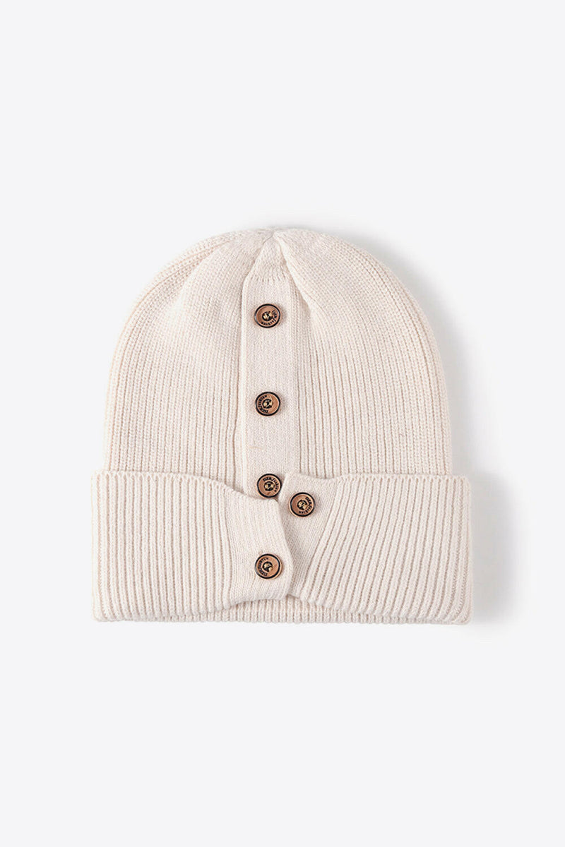 Button Detail Rib-Knit Cuff Beanie - Stylish Winter Accessory