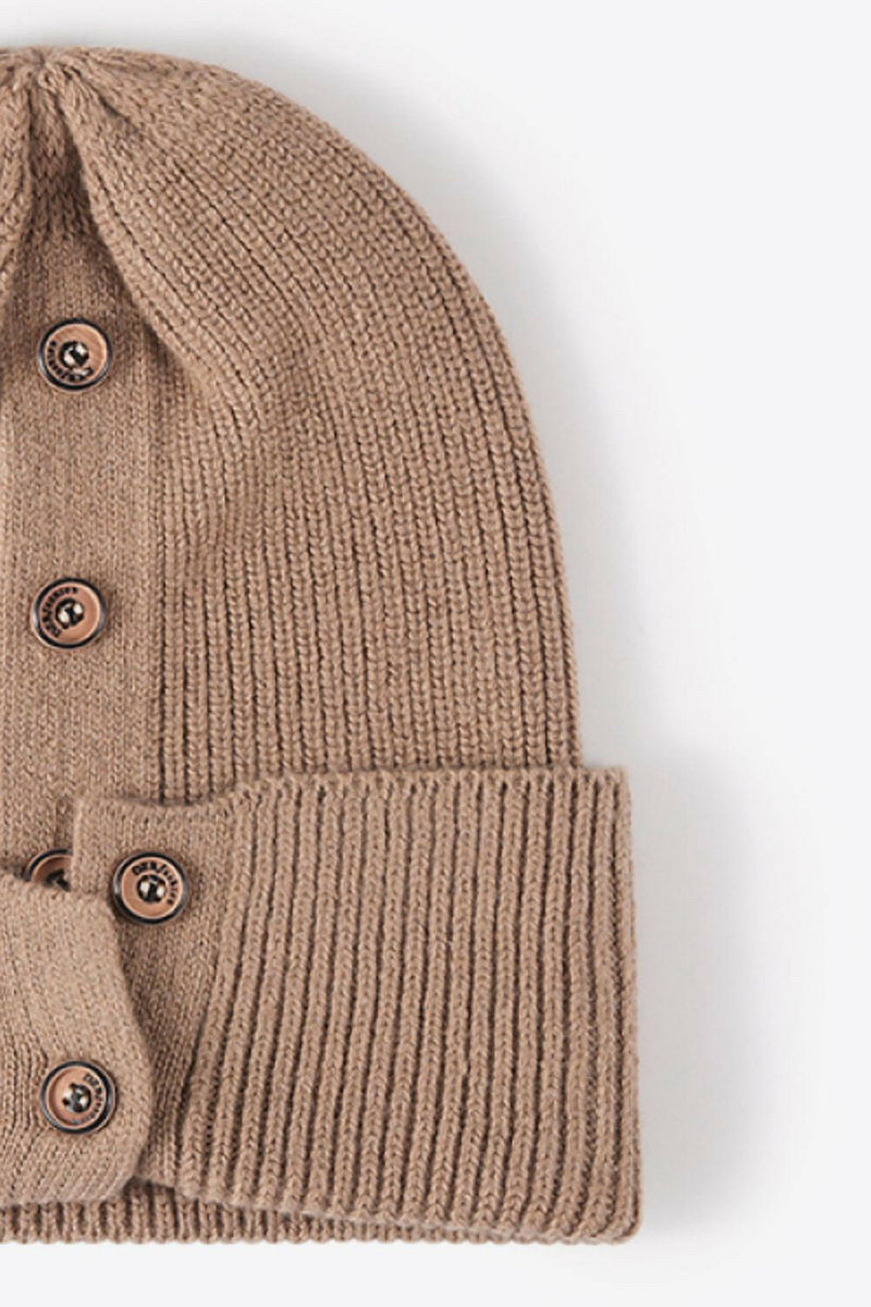 Button Detail Rib-Knit Cuff Beanie - Stylish Winter Accessory