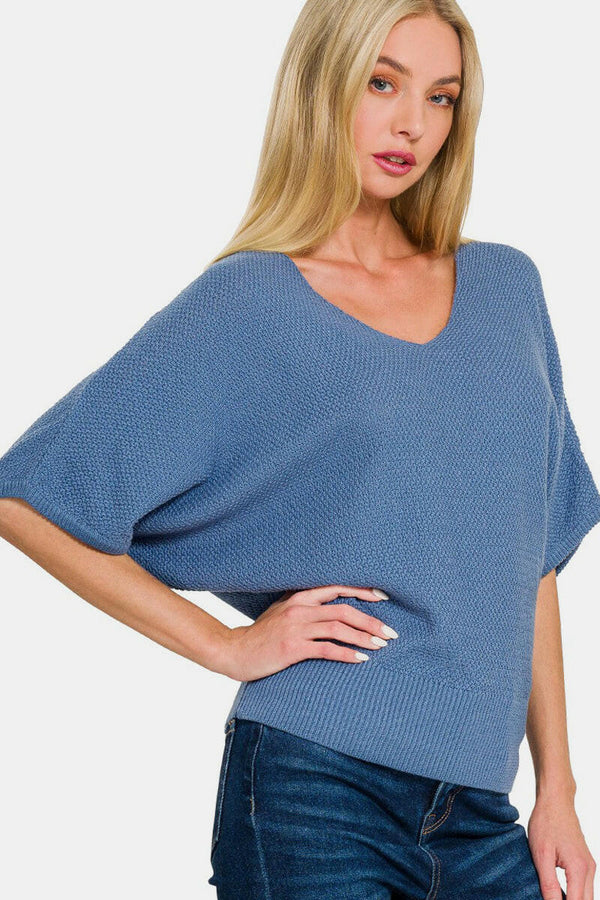 -Neck Short Sleeve Dolman Sweater for Effortless Style