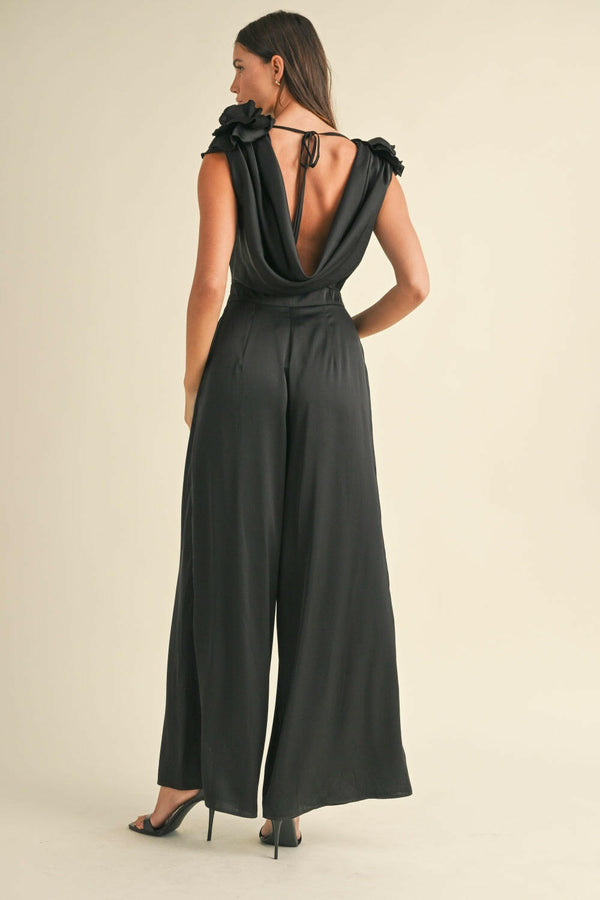 MABLE 3D Floral Applique Deep Cowl Neck Jumpsuit - Elegant Look