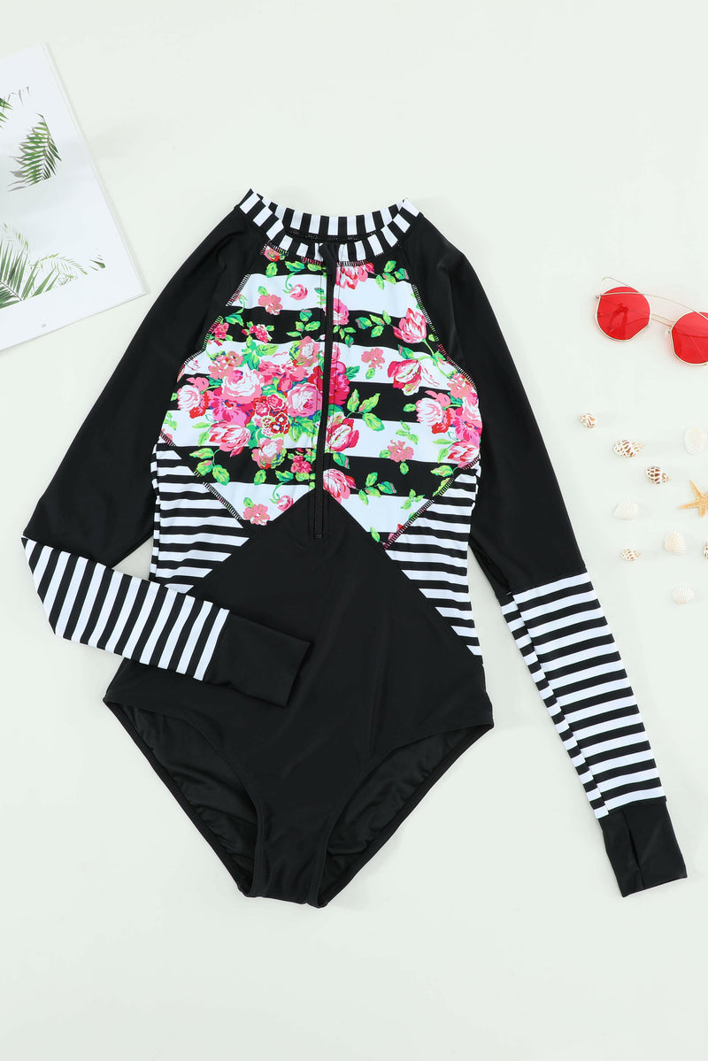 Floral Striped Patchwork Rashguard - Sun Protection Swimwear