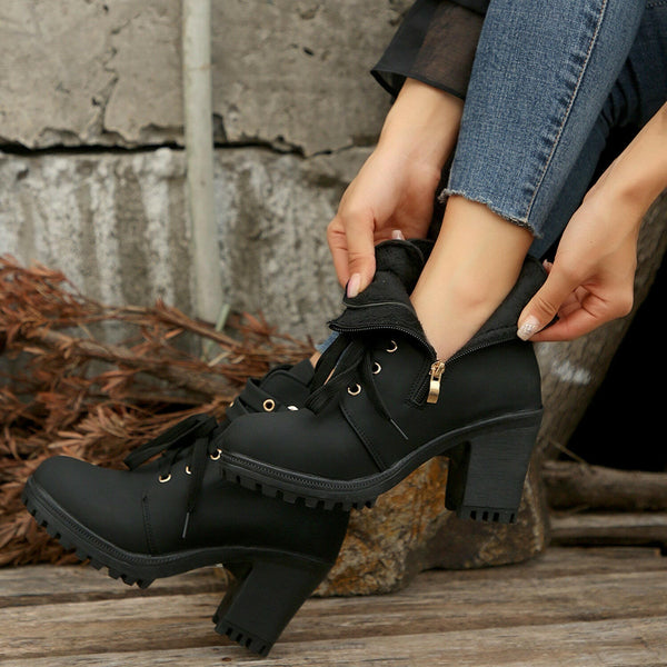 PU Leather Round Toe Block Heel Boots - Stylish & Comfortable