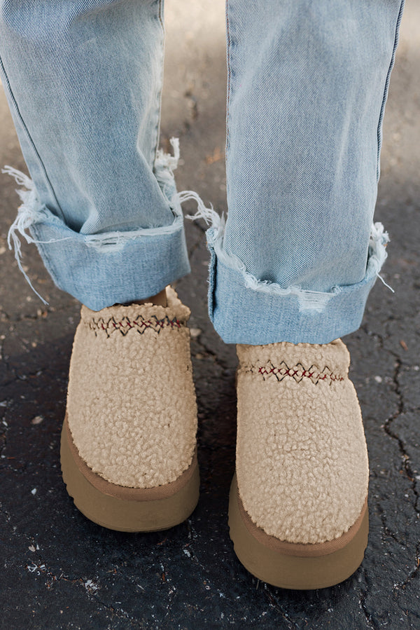 White Suede Contrast Print Plush Thick Sole Slippers