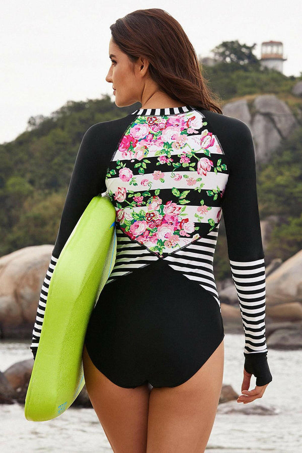 Floral Striped Patchwork Rashguard - Sun Protection Swimwear