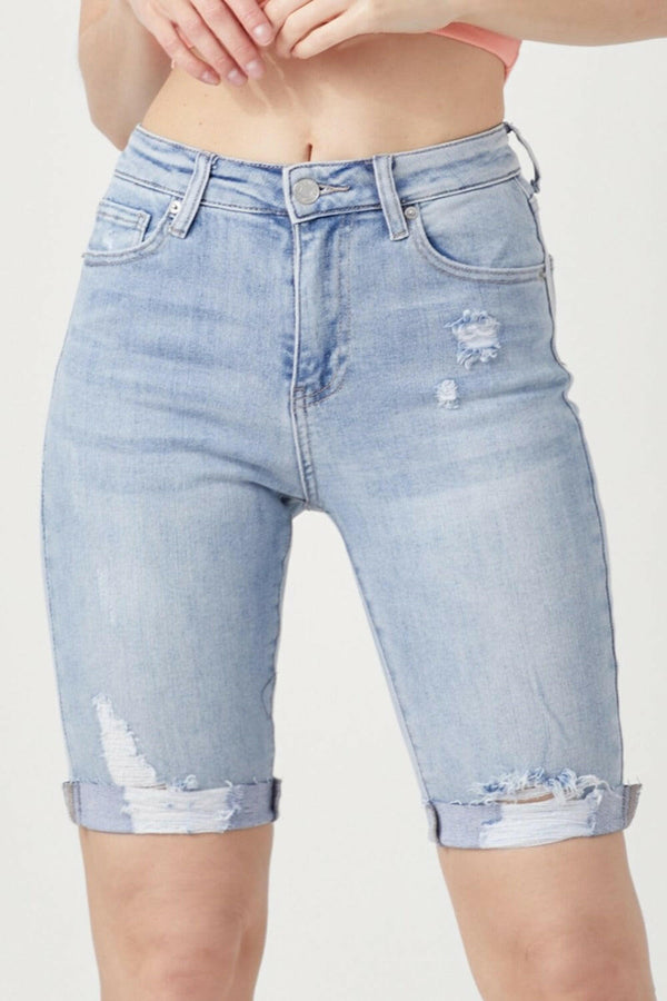 RISEN High Rise Distressed Denim Bermuda Shorts for Summer