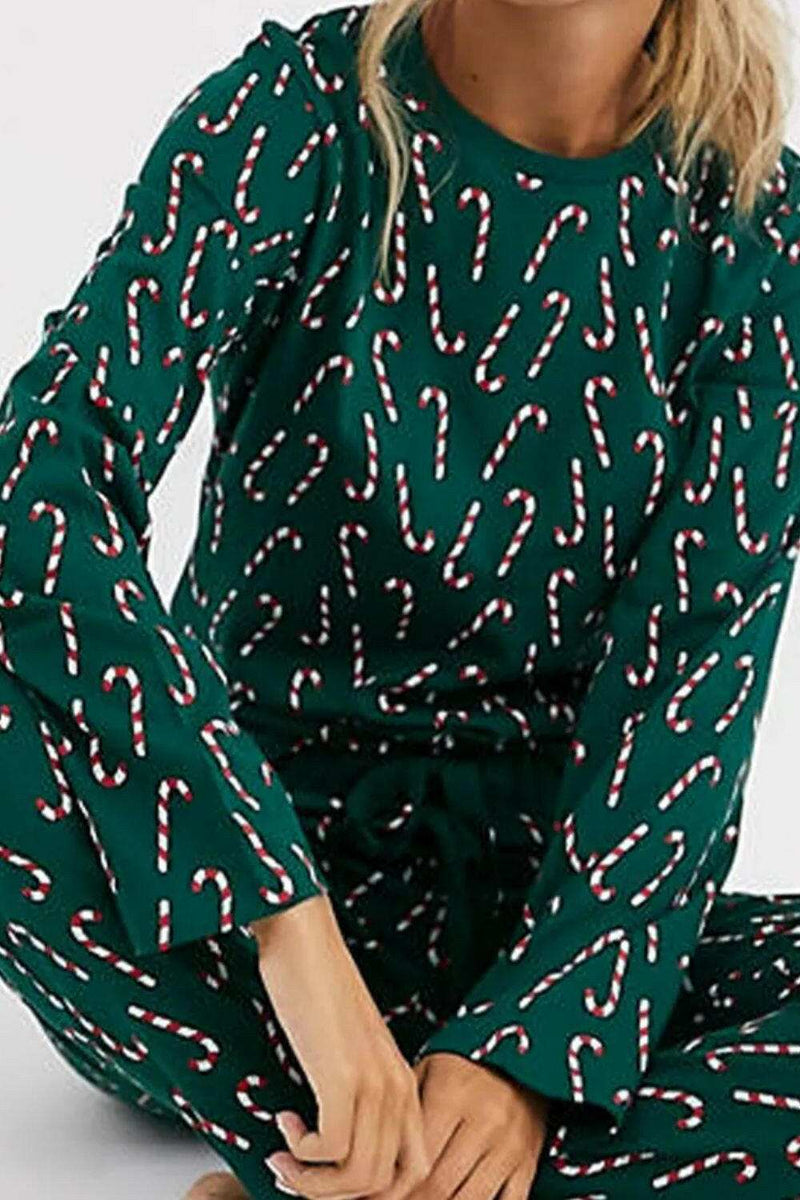 Candy Cane Print Round Neck Top - Stylish Lounge Set