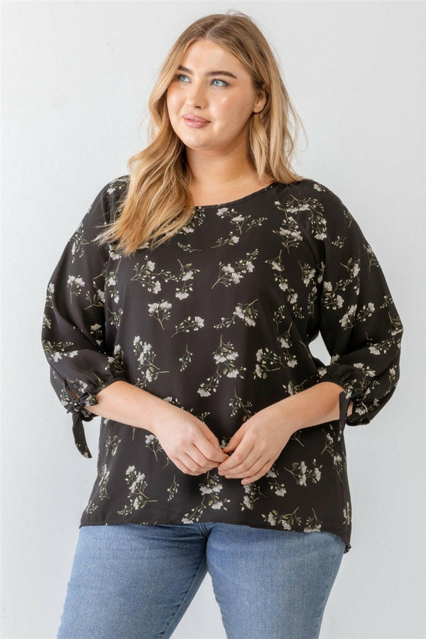 Size Floral Round Neck Blouse - Zenobia Plus Size Fashion