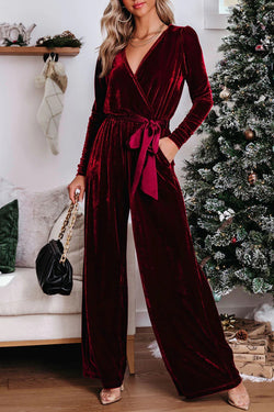 Burgundy Velvet Pocketed Cut Out Back Wide Leg Jumpsuit