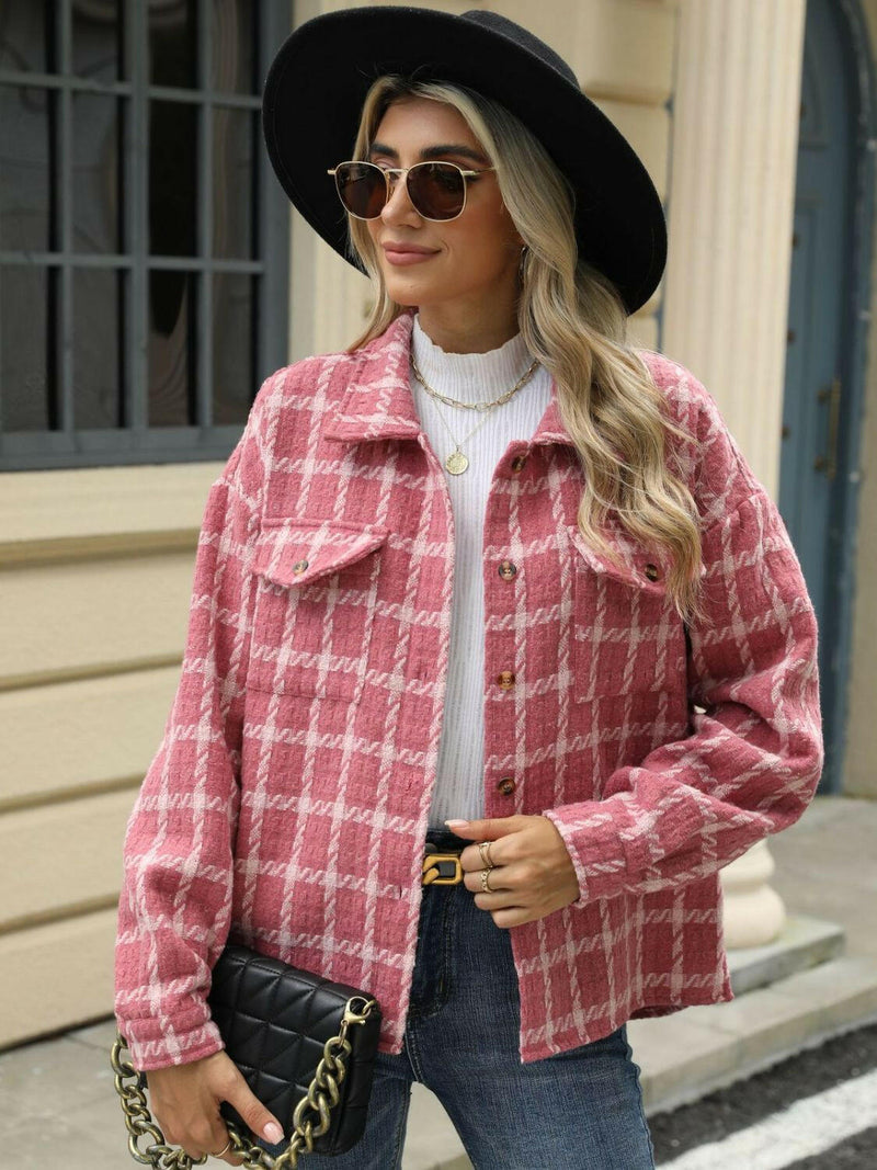 Plaid Collared Neck Long Sleeve Jacket - Stylish & Comfortable