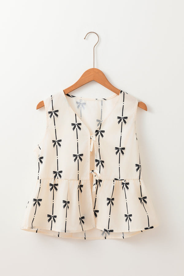 White Sweet Bow Print Tie Front Sleeveless Top