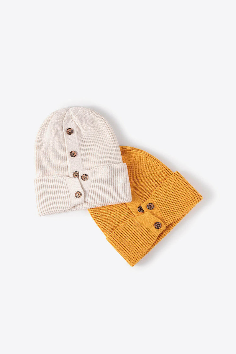 Button Detail Rib-Knit Cuff Beanie - Stylish Winter Accessory