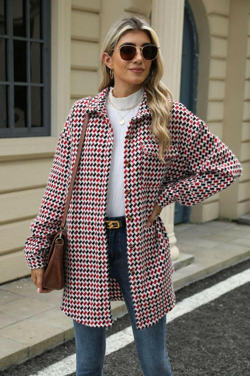 Dropped Shoulder Coat - Houndstooth Button Up Design