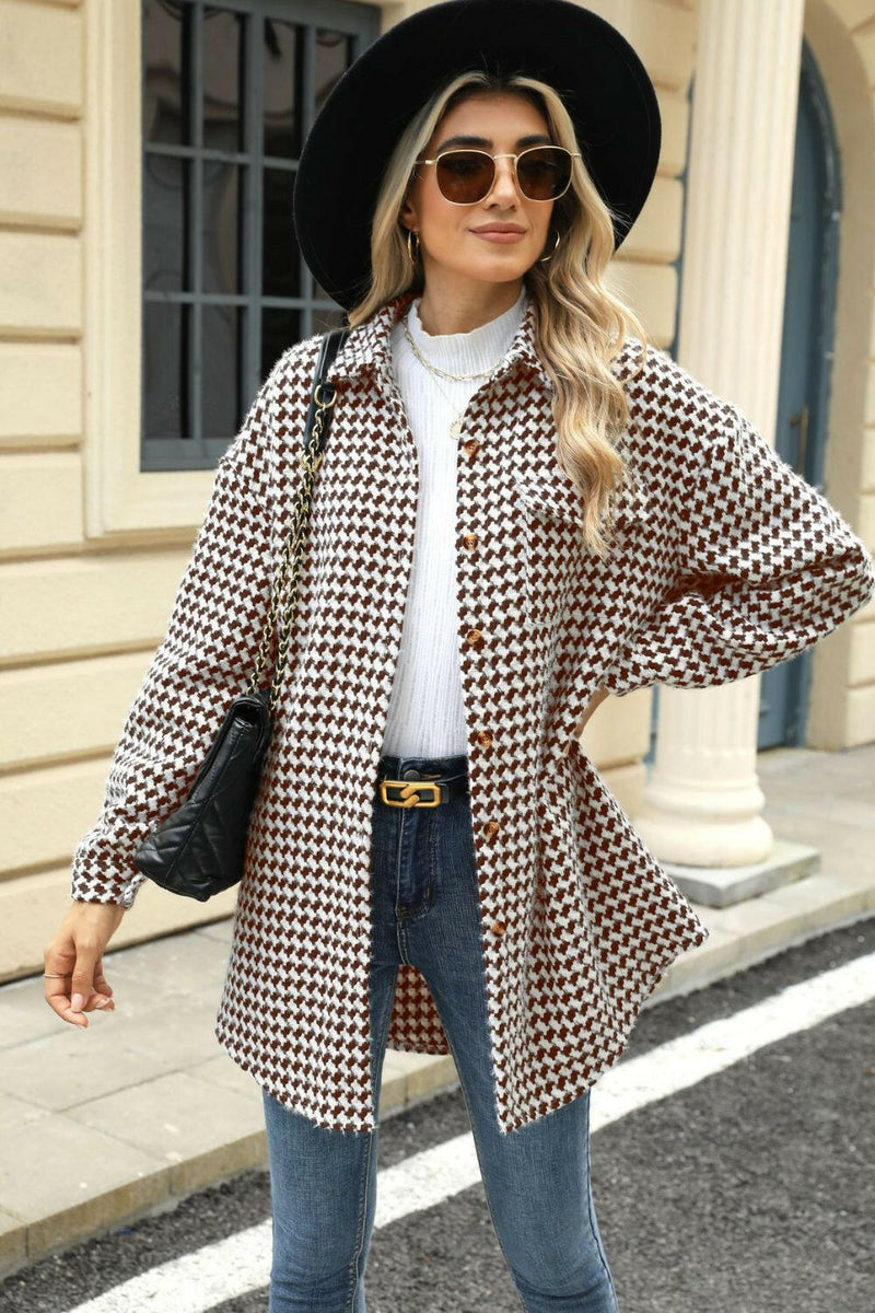 Dropped Shoulder Coat - Houndstooth Button Up Design