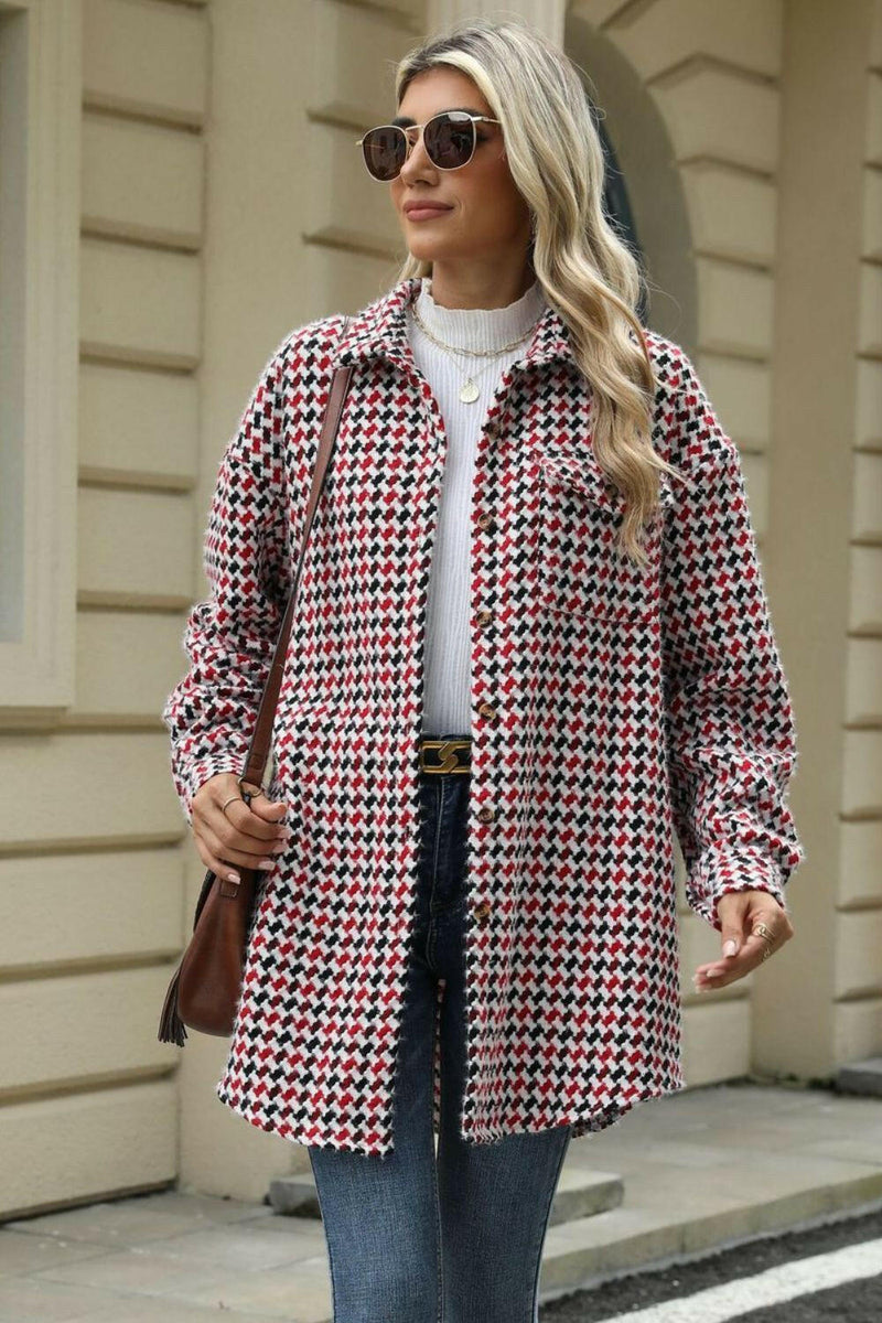 Dropped Shoulder Coat - Houndstooth Button Up Design