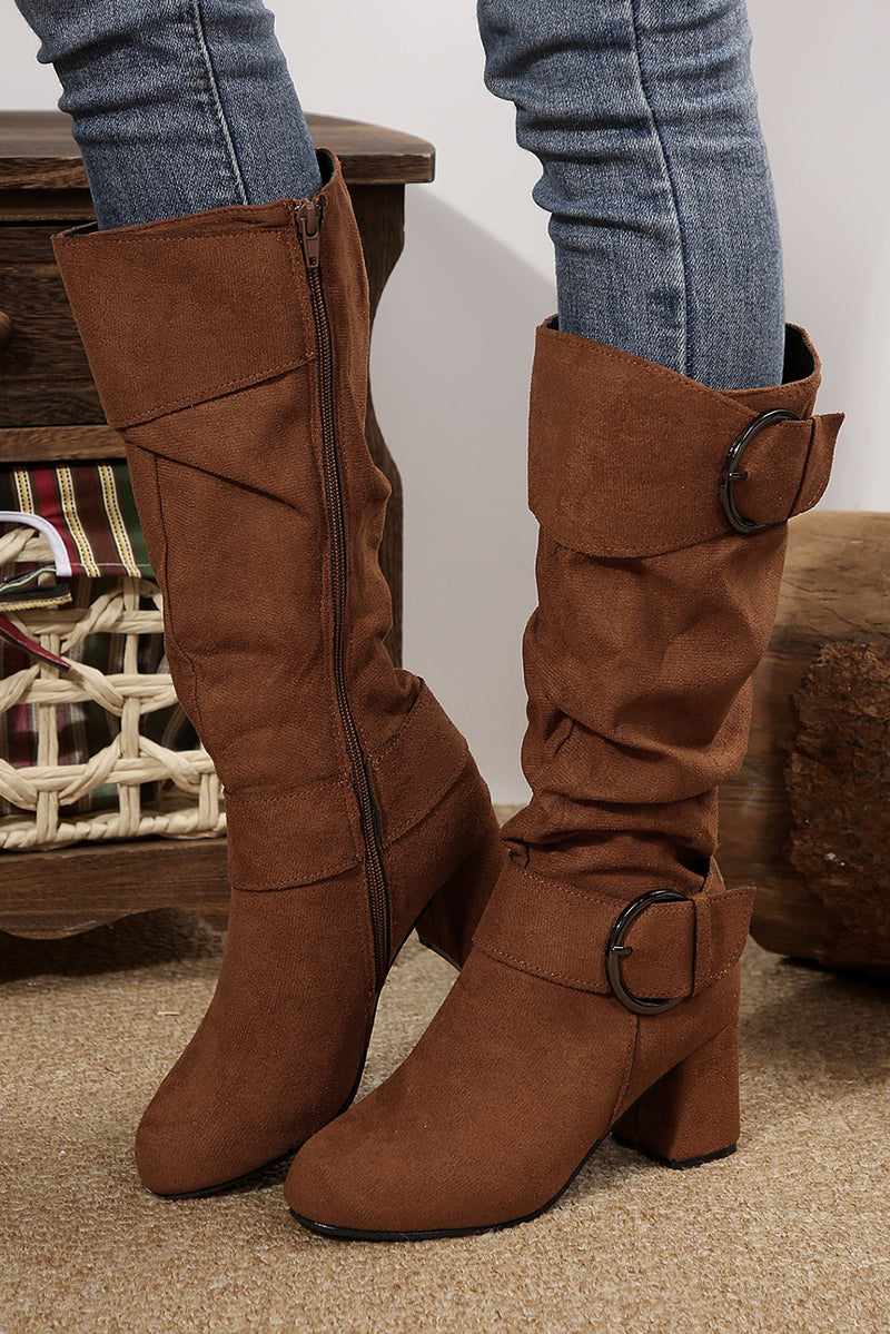 Coffee Suede Double Buckled Side Zipped Mid-calf Boots