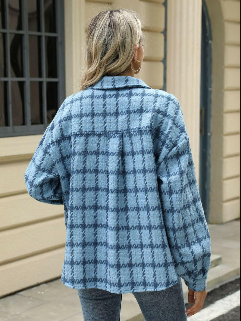 Plaid Collared Neck Long Sleeve Jacket - Stylish & Comfortable