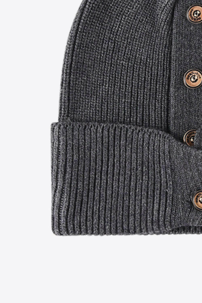 Button Detail Rib-Knit Cuff Beanie - Stylish Winter Accessory