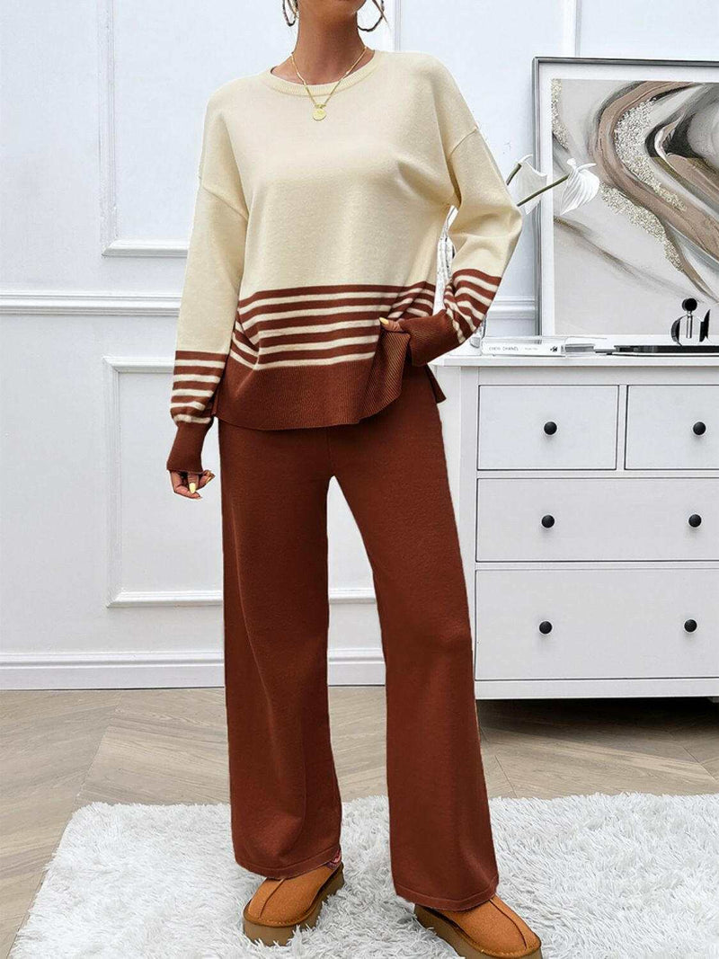 Devine Slit Striped Round Neck Top - Stylish Sweater Set