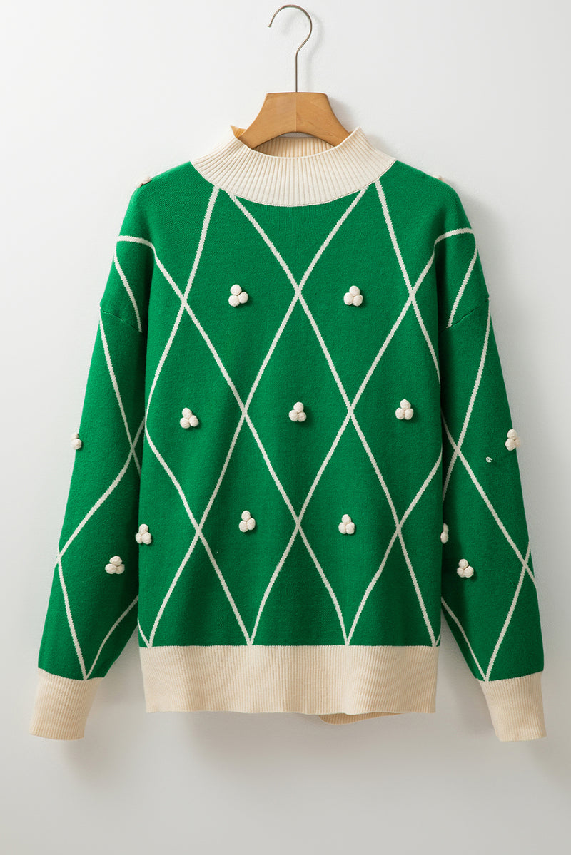 Dark Green Diamond Pom Pattern Contrast Trim High Neck Sweater