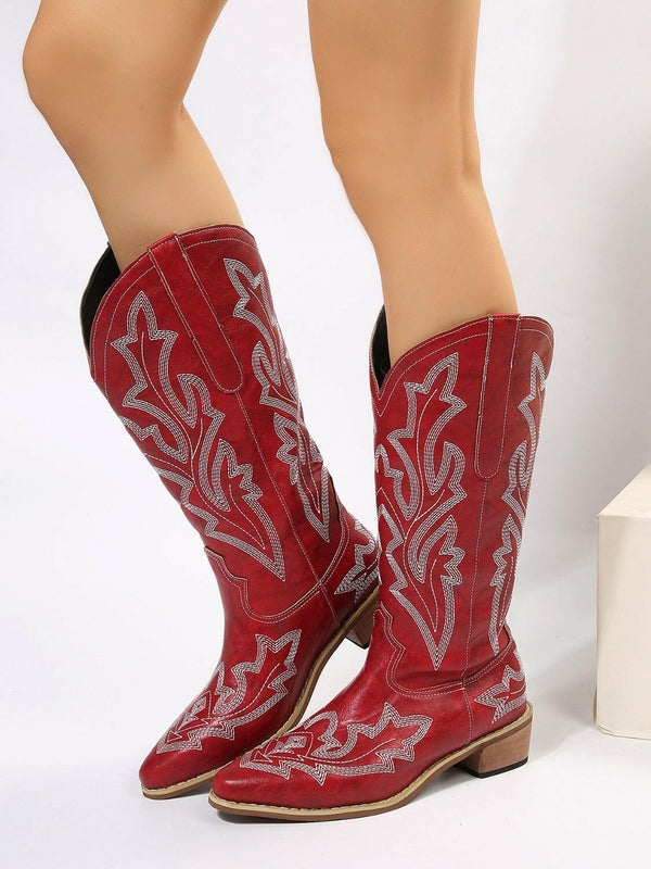 PU Leather Embroidered Geometric Point Toe Boots for Style