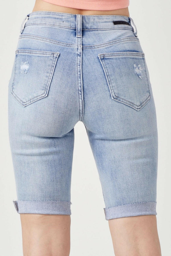 RISEN High Rise Distressed Denim Bermuda Shorts for Summer