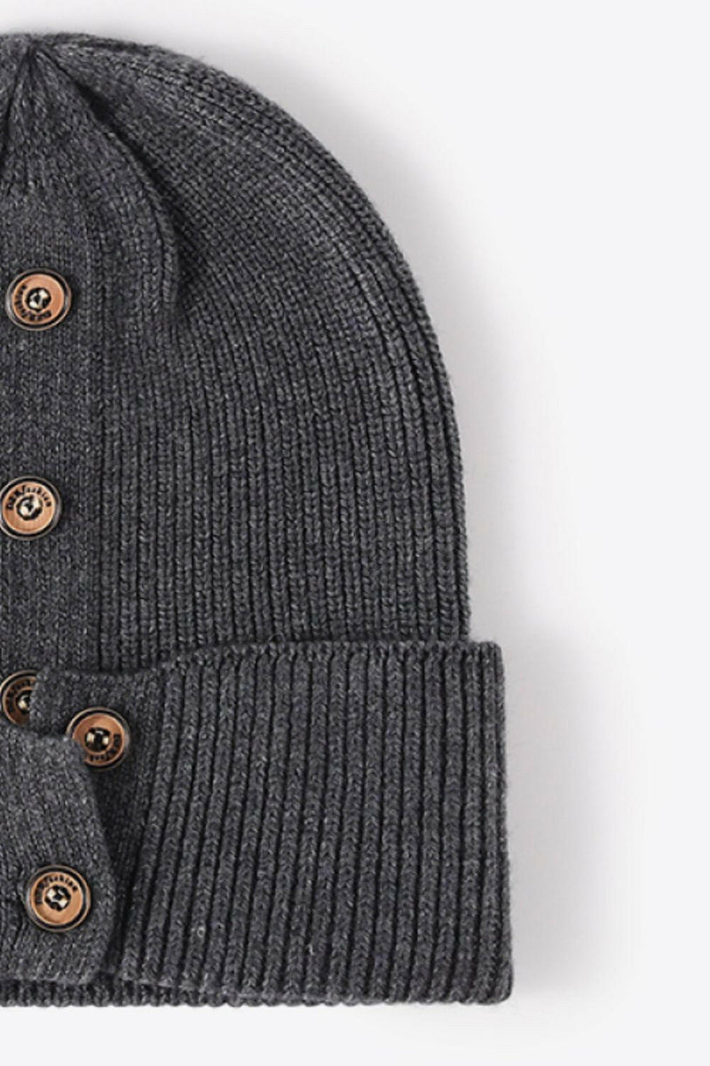 Button Detail Rib-Knit Cuff Beanie - Stylish Winter Accessory