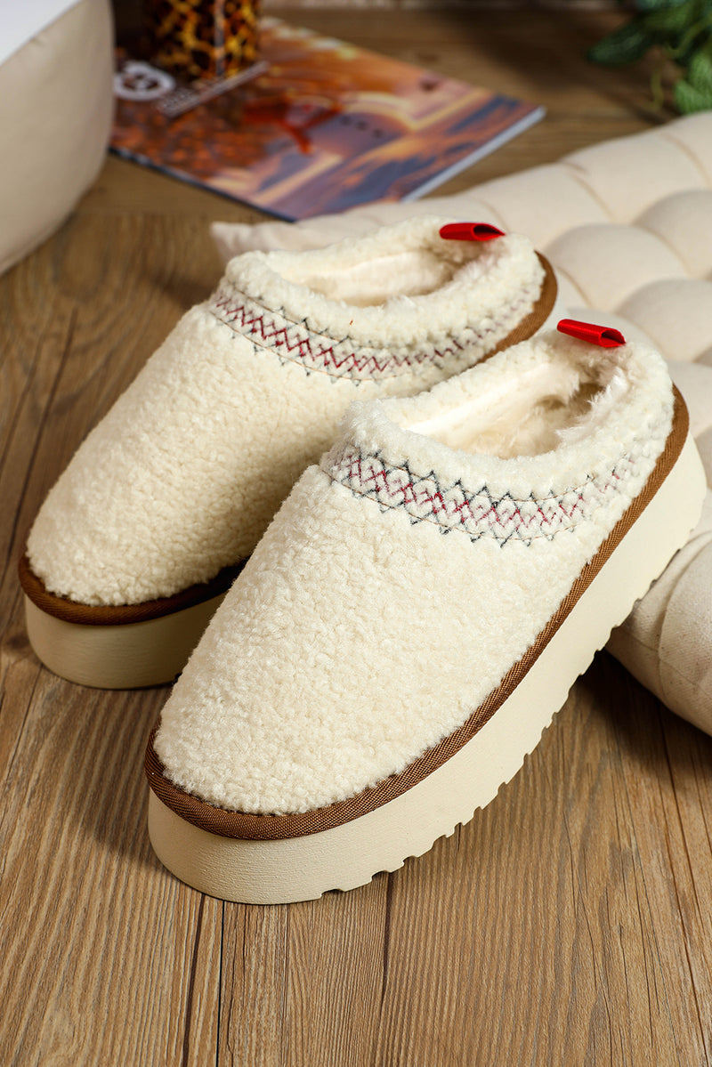 White Suede Contrast Print Plush Thick Sole Slippers