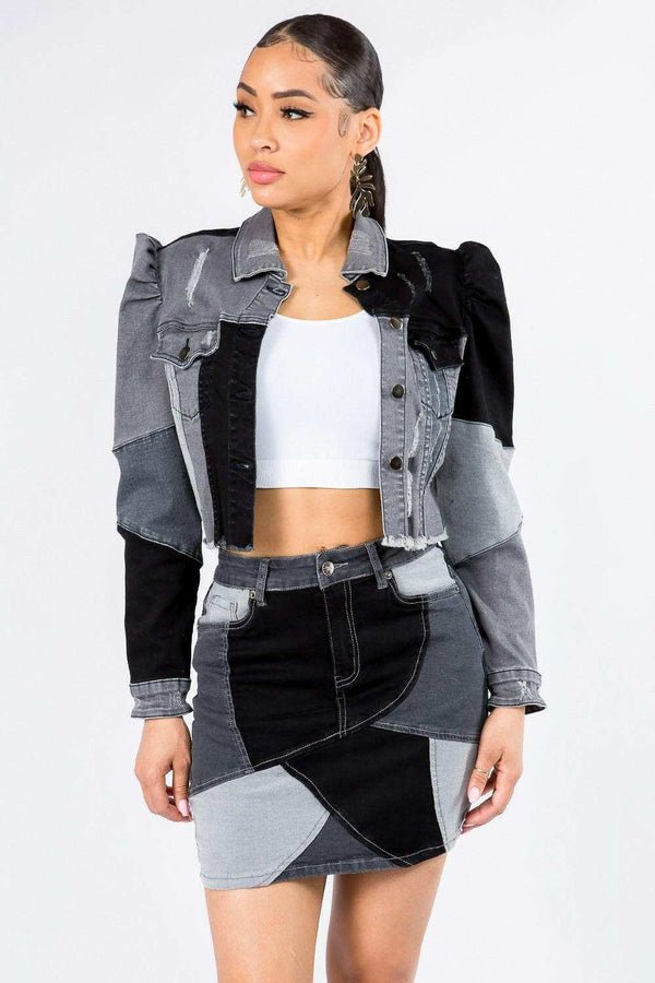 Cropped Patchwork Denim Jacket - Trendy Button Up Style