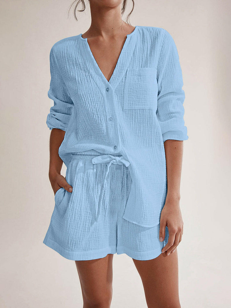 Notched Long Sleeve Top and Shorts Set