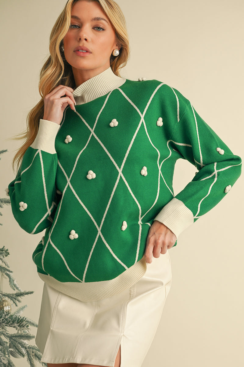 Dark Green Diamond Pom Pattern Contrast Trim High Neck Sweater