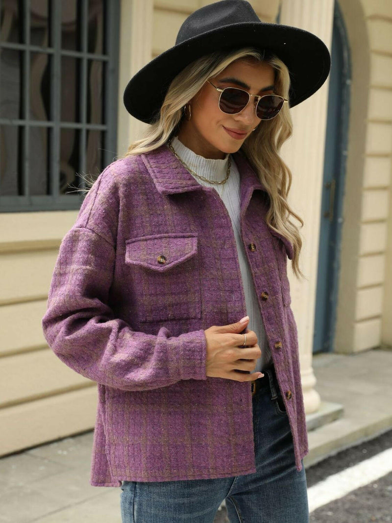 Plaid Collared Neck Long Sleeve Jacket - Stylish & Comfortable