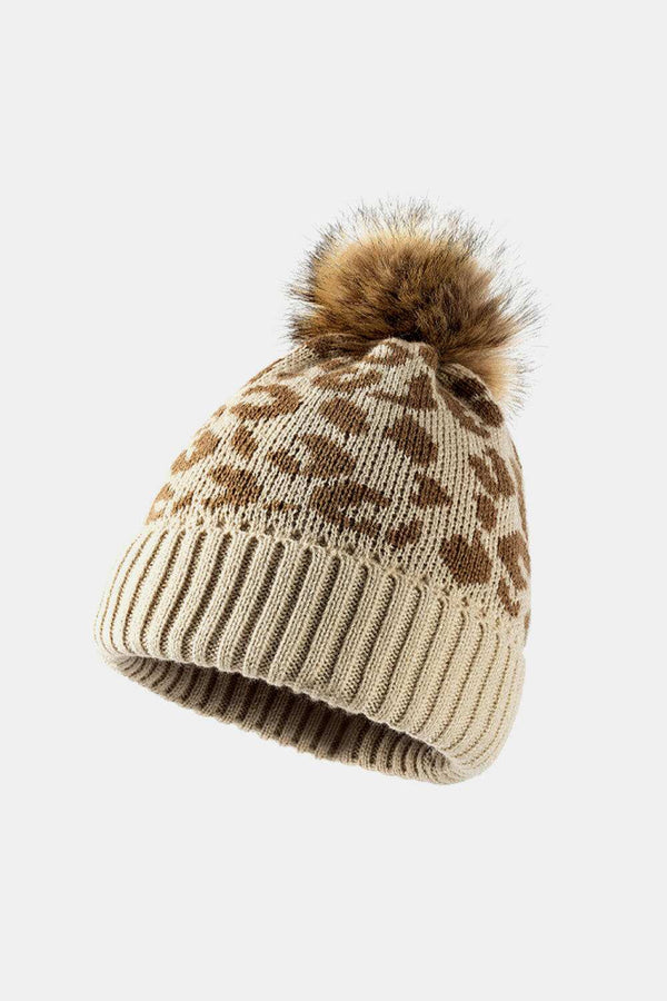 Leopard Pom-Pom Cuffed Beanie - Stylish Warmth for Winter