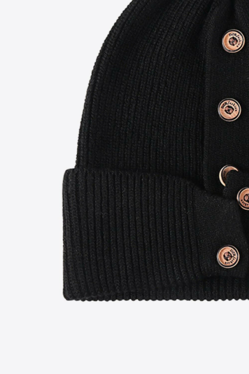 Button Detail Rib-Knit Cuff Beanie - Stylish Winter Accessory