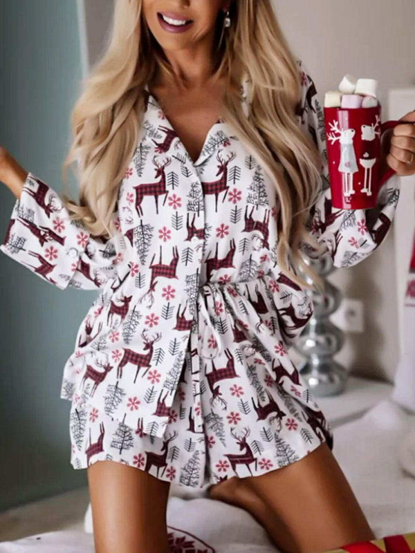 Printed Collared Neck Long Sleeve Top - Lounge Set