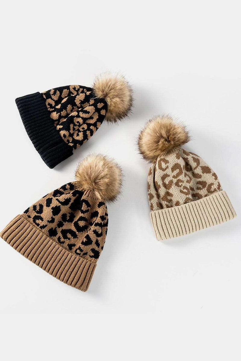 Leopard Pom-Pom Cuffed Beanie - Stylish Warmth for Winter