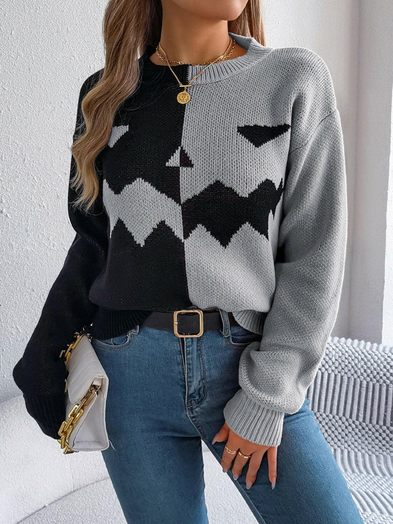 Contrast Round Neck Long Sleeve Sweater - Stylish & Comfortable