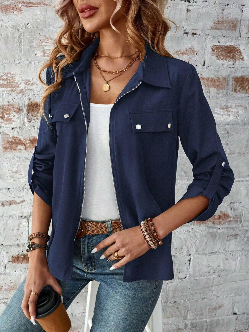 Zip Up Collared Neck Roll-Tab Sleeve Jacket - Stylish & Basic