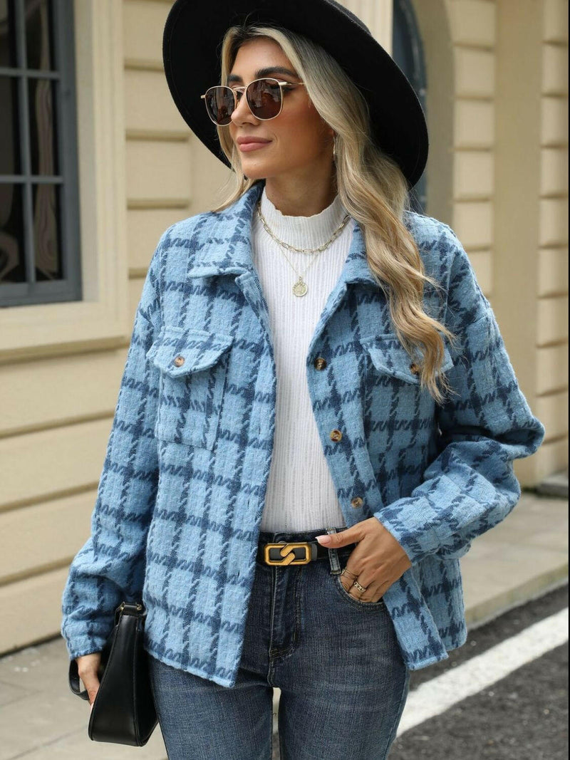 Plaid Collared Neck Long Sleeve Jacket - Stylish & Comfortable