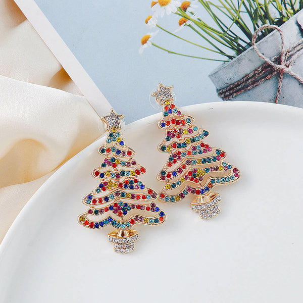 Rhinestone Alloy Christmas Tree Earrings - Festive Jewelry