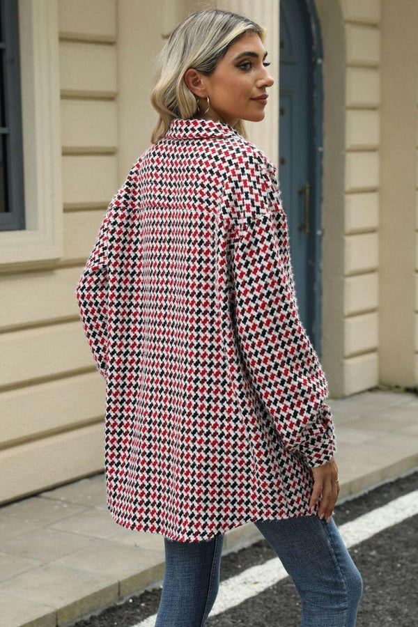 Dropped Shoulder Coat - Houndstooth Button Up Design