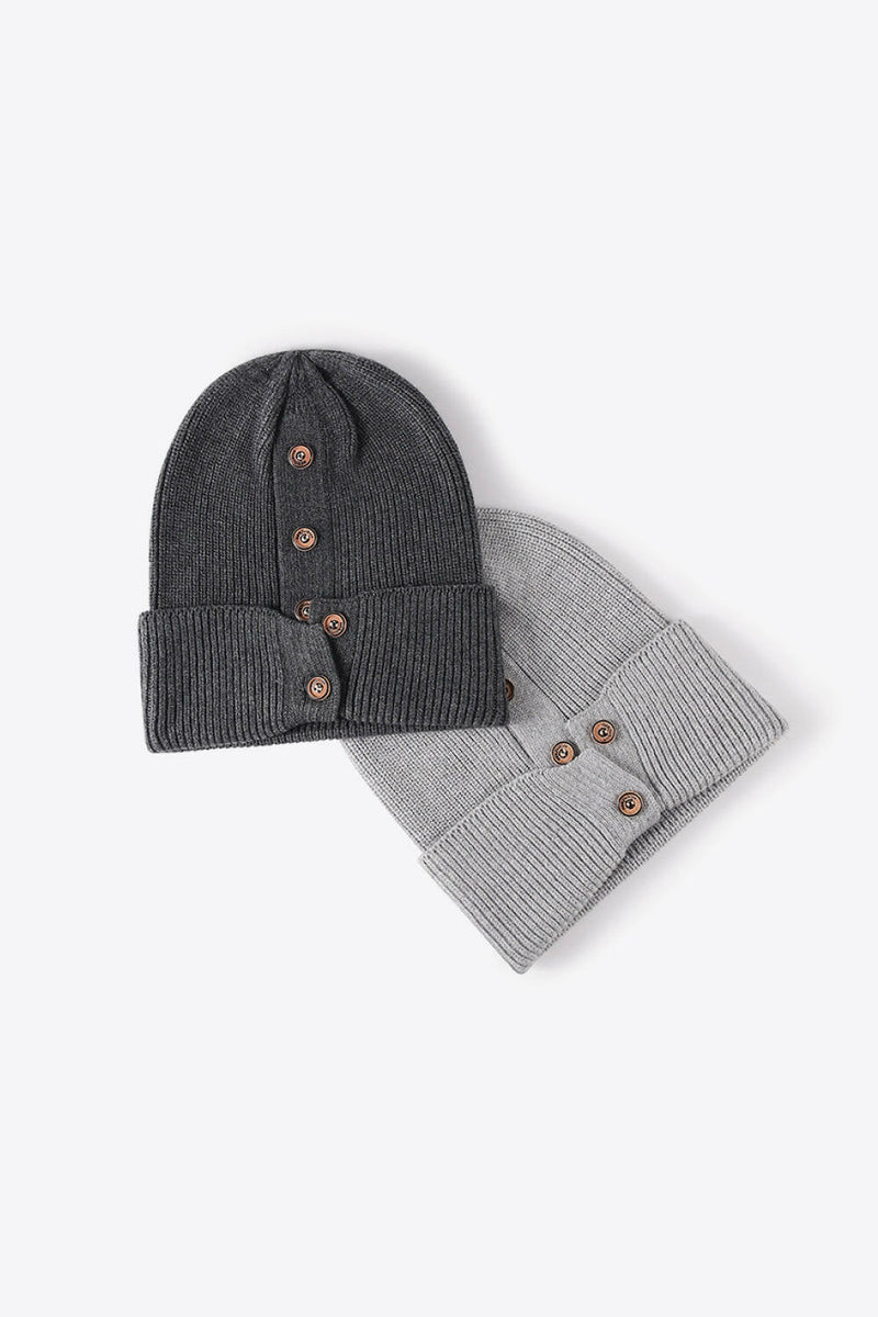 Button Detail Rib-Knit Cuff Beanie - Stylish Winter Accessory