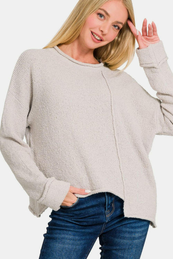 Zenana Asymmetric Hem Drop Shoulder Sweater - Trendy Style