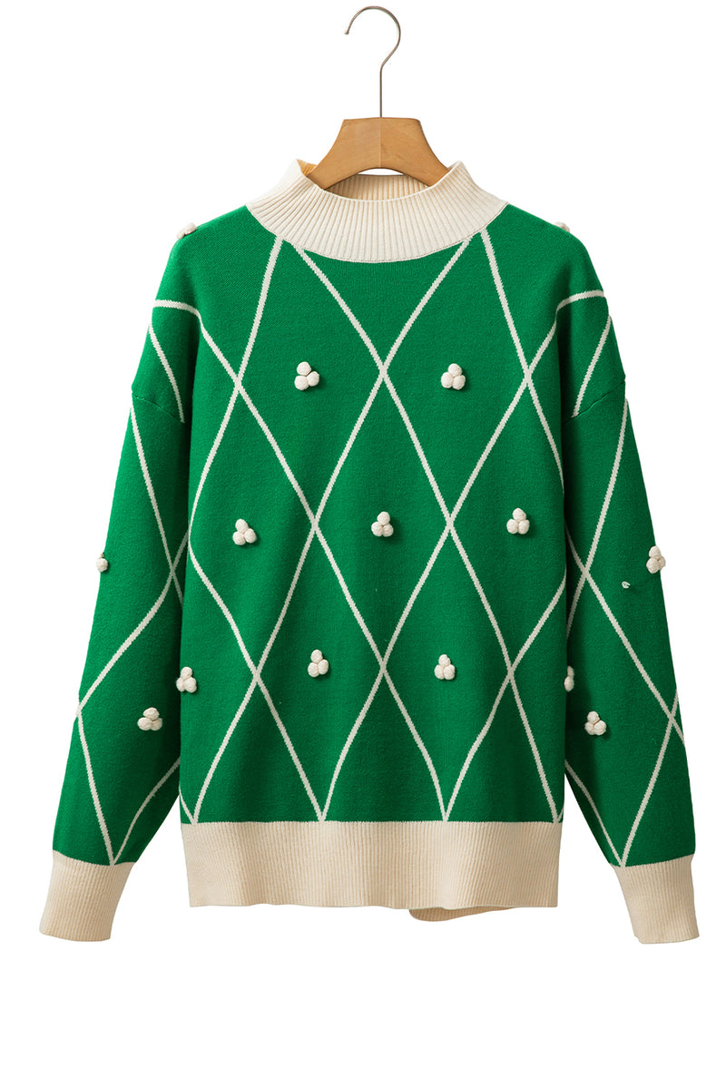 Dark Green Diamond Pom Pattern Contrast Trim High Neck Sweater