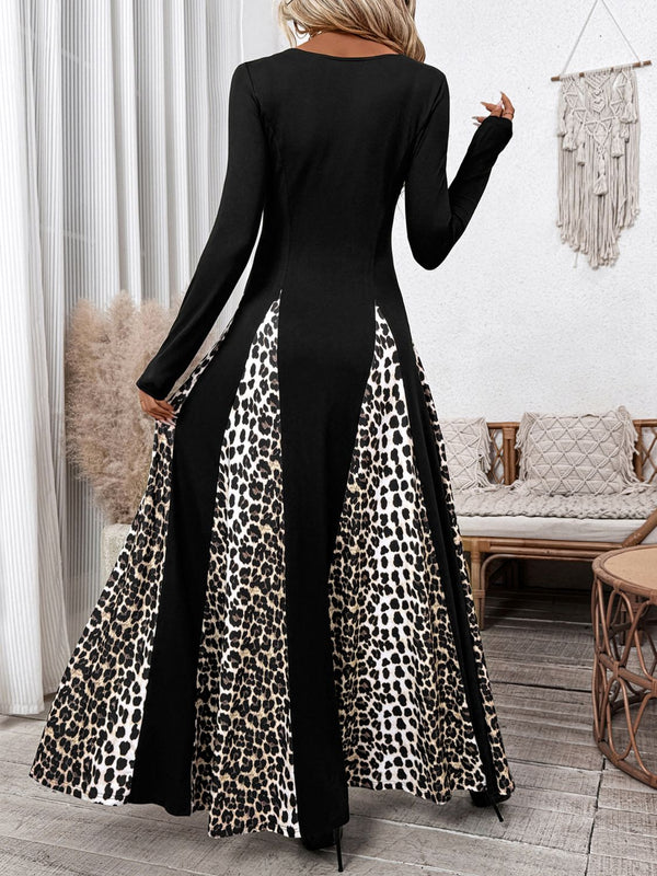 Perfee Leopard Square Neck Long Sleeve Maxi Dress