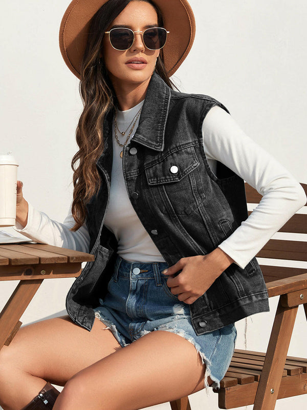 Collared Neck Sleeveless Denim Jacket - Stylish & Comfortable