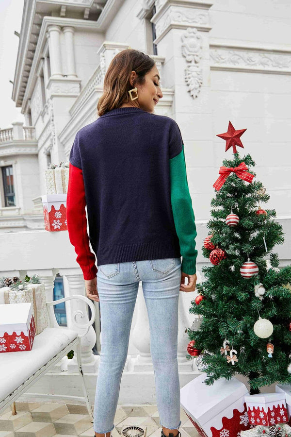 Christmas Color Block Knit Pullover - Festive and Casual Style