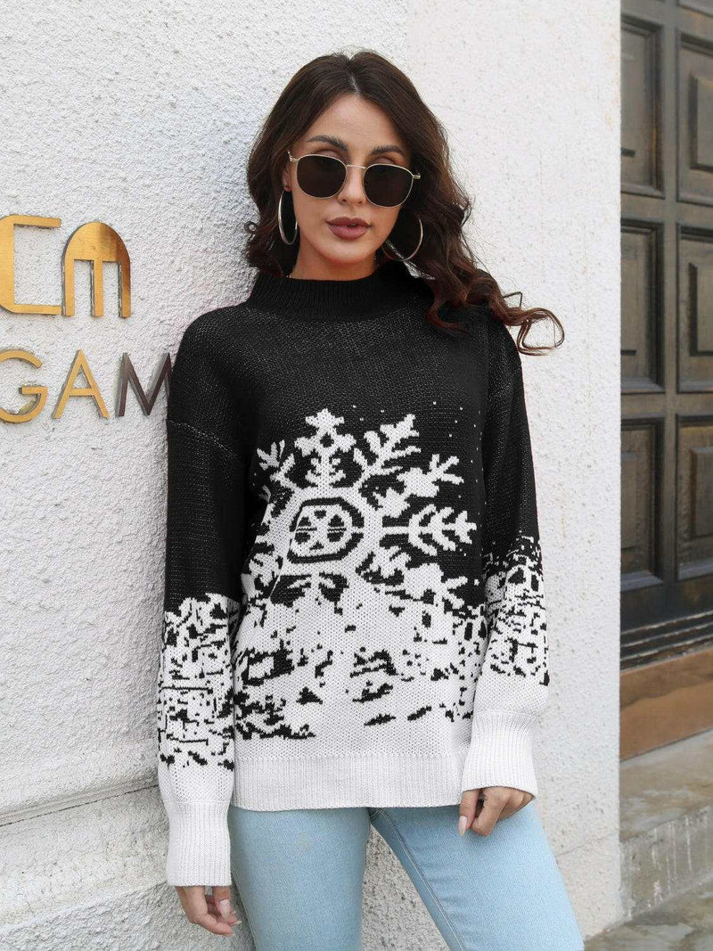 Snowflake Pattern Mock Neck Sweater - Cozy & Stylish